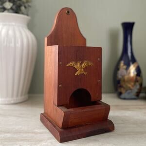 Vintage Wood Brass Eagle Match Holder Wall Hanging